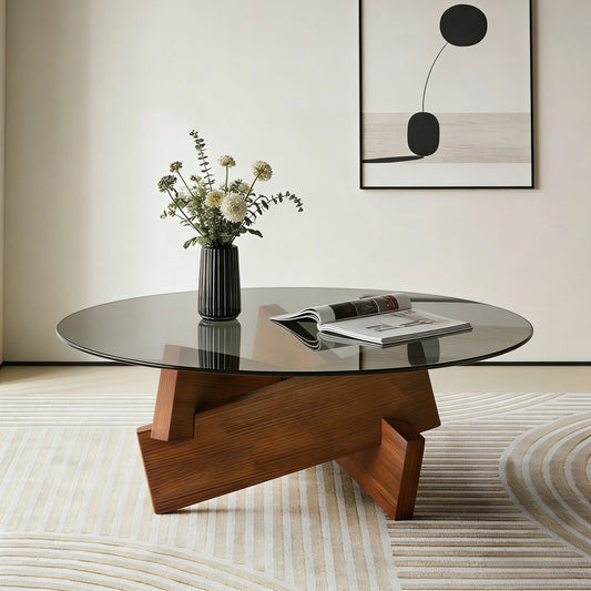 Round Coffee Table with Tempered Glass Top – Walnut Frame Modern Center Table