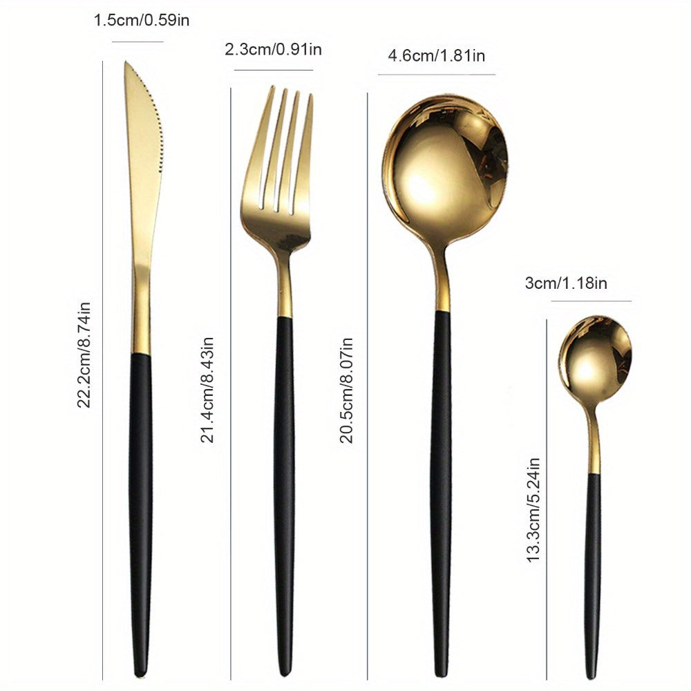 24pcs Stainless Steel Tableware Set, 6-Person Dinnerware Set (Black Golden), Includes Dinner Knife, Fork, Spoon, Coffee Spoon, Mirror Polished Cutlery Set, Suitable for Family Gatherings and Hotel Restaurant Use