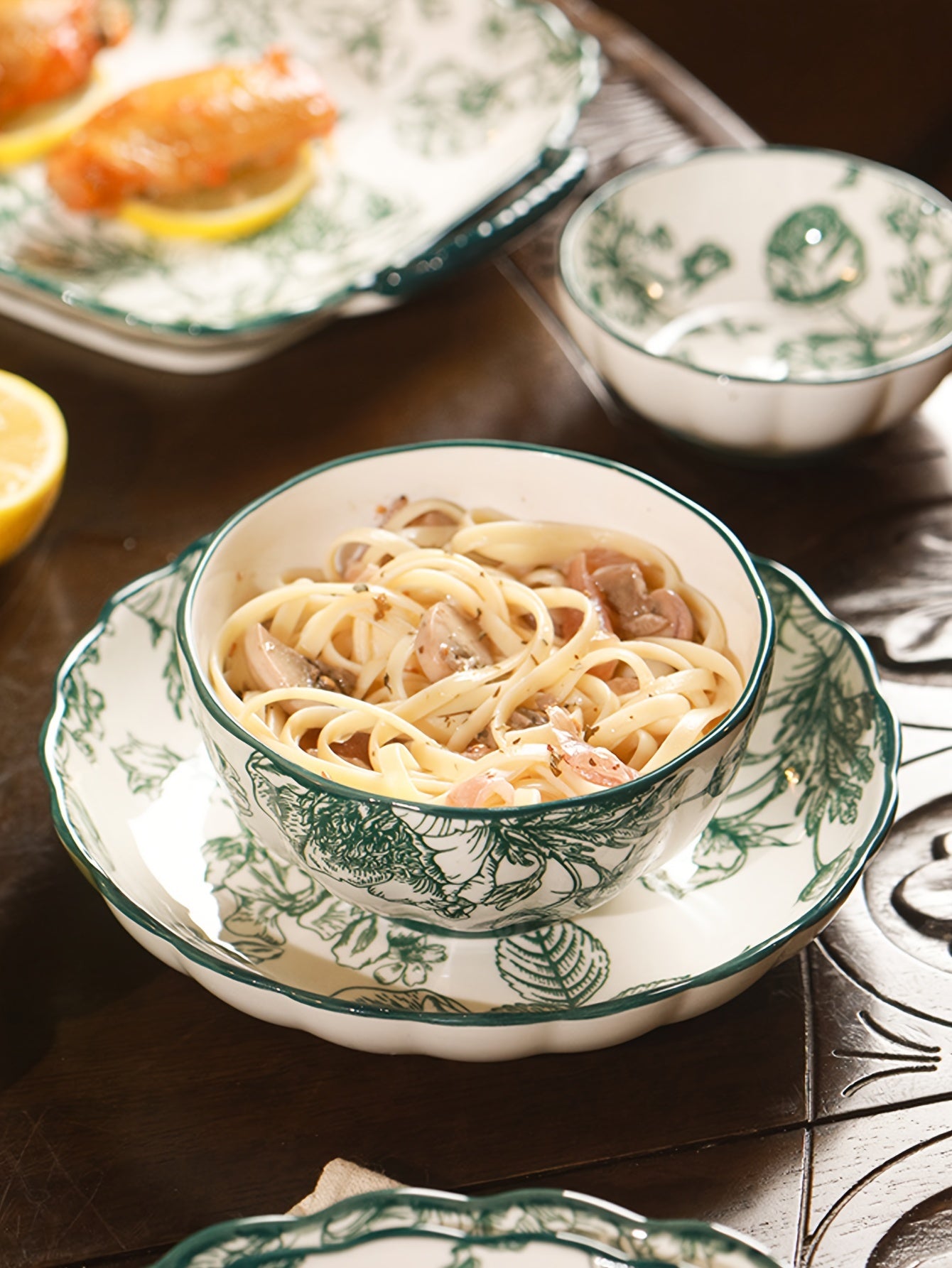 Vintage Green Rose Ceramic Dinnerware Set (6-Piece) – Plates & Bowls