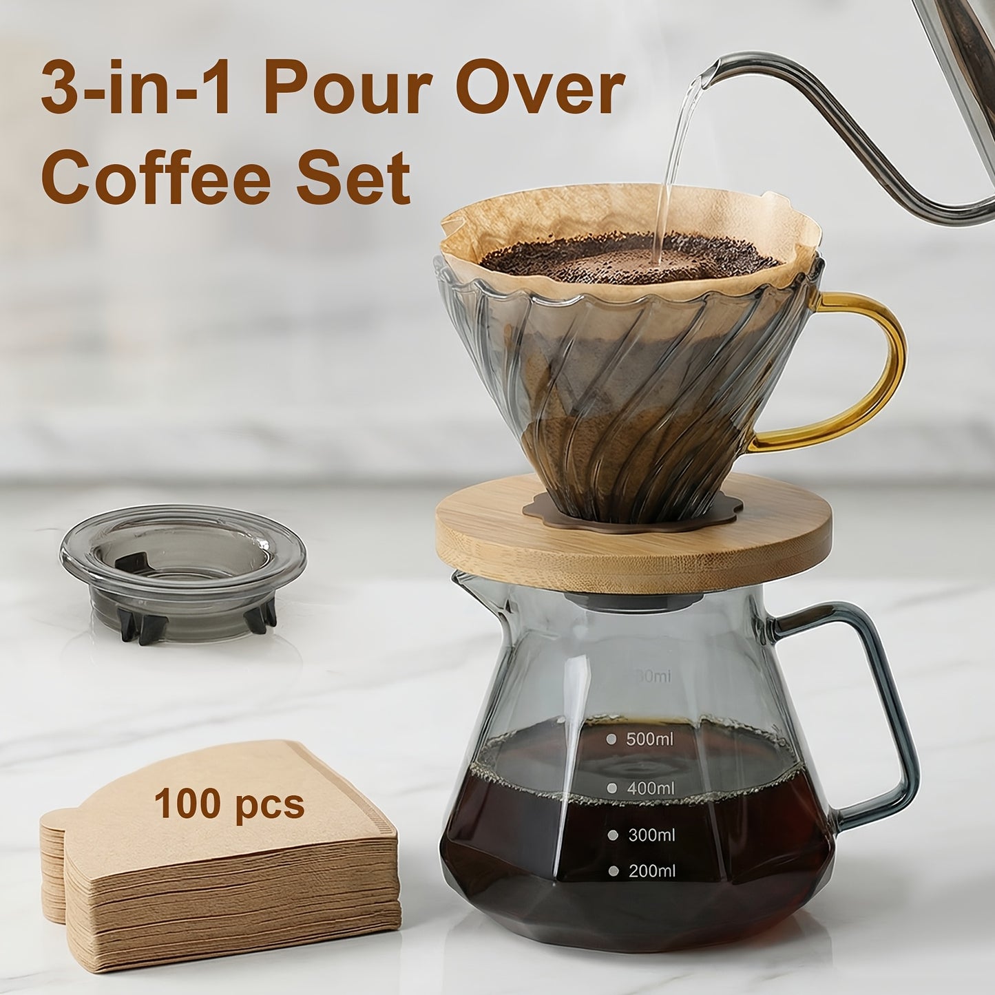 Ninonly Pour Over Coffee Maker, 3-In-1 Coffee Dripper Set with 20fl.oz/600ml Carafe, Filters & 100pcs Filter Paper, Portable Coffee Maker for Home, Camping, Office & Gifts