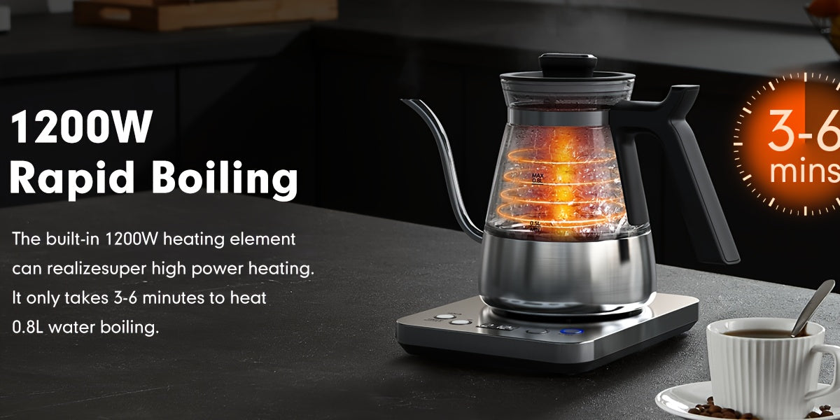 Electric Gooseneck Glass Kettle with Temperature Control, 1200W Rapid Boiling Electric Kettle for Pour-Over Tea Coffee, LCD Display, 1H Keep Warm, 0.8L, Silvery