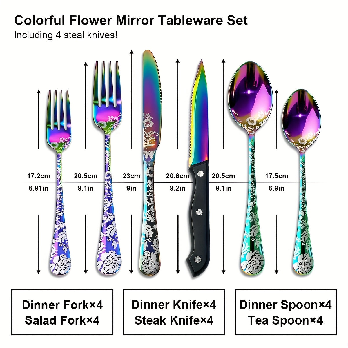 24pcs Stainless Steel Silverware, 4-Person 6pcs Laser-Etched Flatware Set, Flat Cutlery Set, Knife Fork Spoon Chopsticks Set, Suitable for Home, Hotel, Gatherings, Camping, Gifts - Vibrant Colors/Black