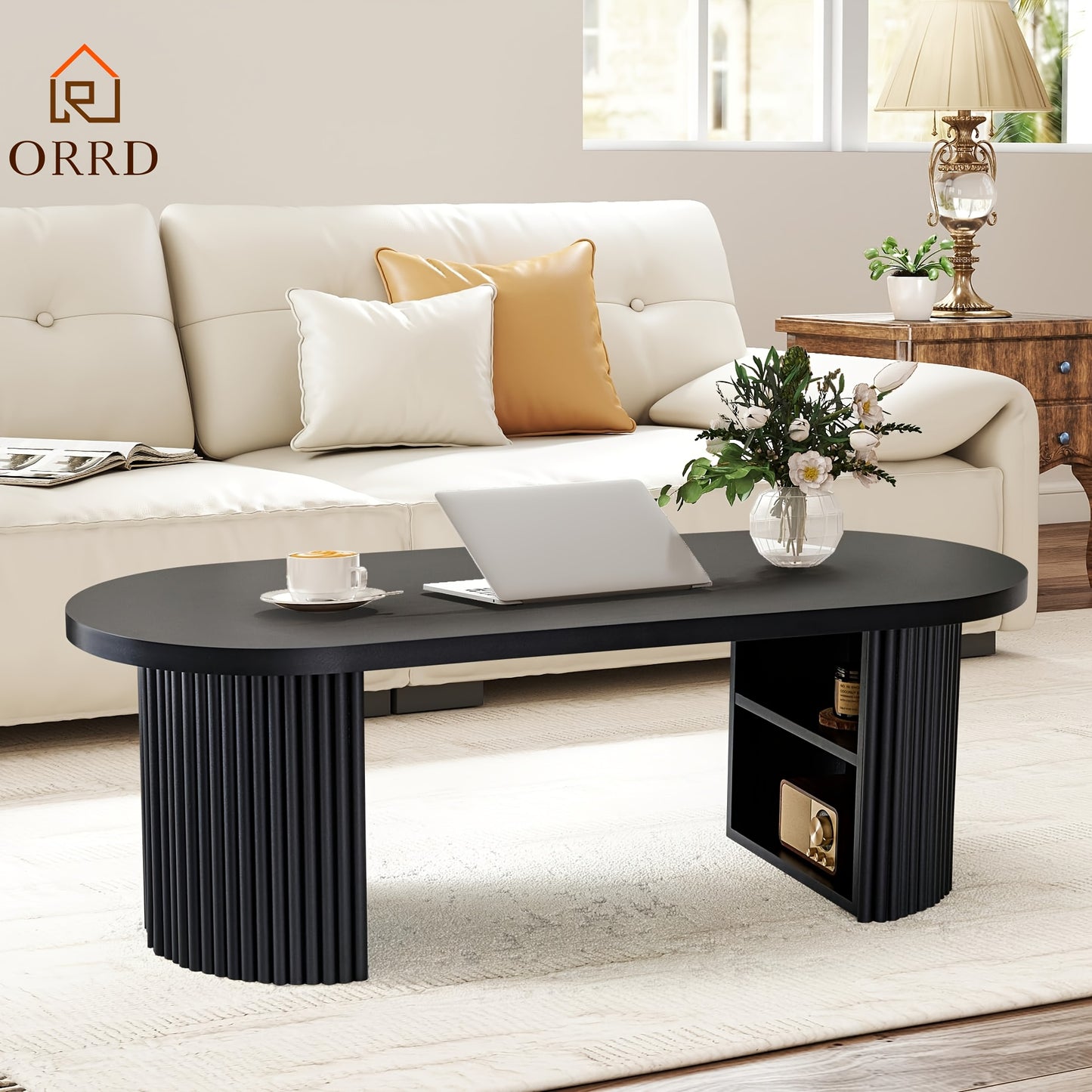 OOval Fluted Coffee Table with Storage – Farmhouse Mid-Century Center Table (47”)