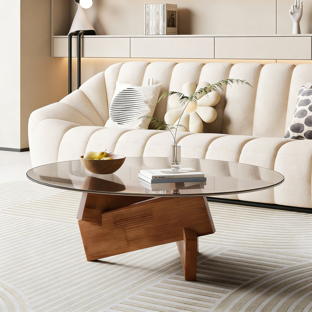 Round Coffee Table with Tempered Glass Top – Walnut Frame Modern Center Table