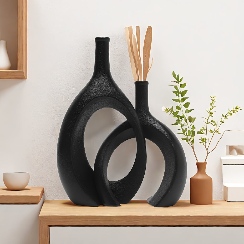 2pcs/set Ceramic Hollow Vase, Round Modern Donut Boho Aesthetic Vases for Nordic Minimalist Book Style Shelf Decor, Trendy Home Living Room Entryway Coffee Table Decorative