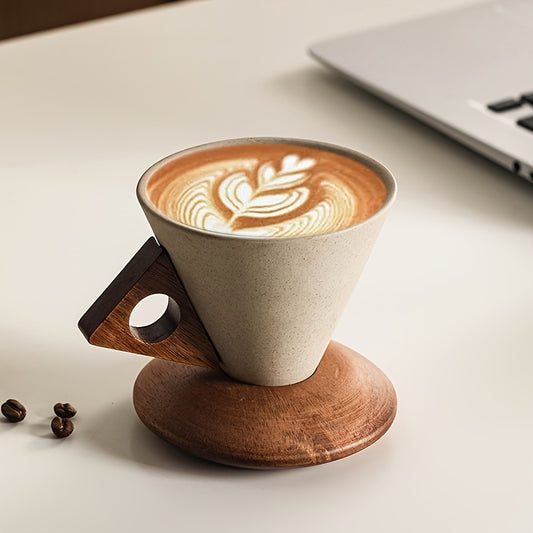 1pc Handmade Heavy-Duty Ceramic Coffee Mug with Large Spout & Funnel Design, Real Wood Handle & Coaster - 8.45oz Thick Cup for home, Office, Cafe Use - Ideal Gift for Coffee & Tea Lovers, Durable Ceramic Ware (Hand Wash Only)