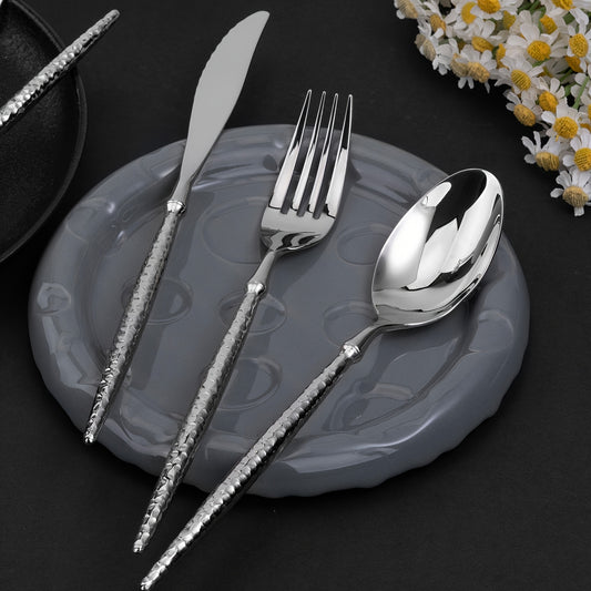 20pcs Silvery Stainless Steel Flatware Set with Hammered Handles, 4/6-Person Service, Includes Knives, Forks And Spoons, Mirror Polished, Dishwasher Safe, Ideal for Family Gatherings