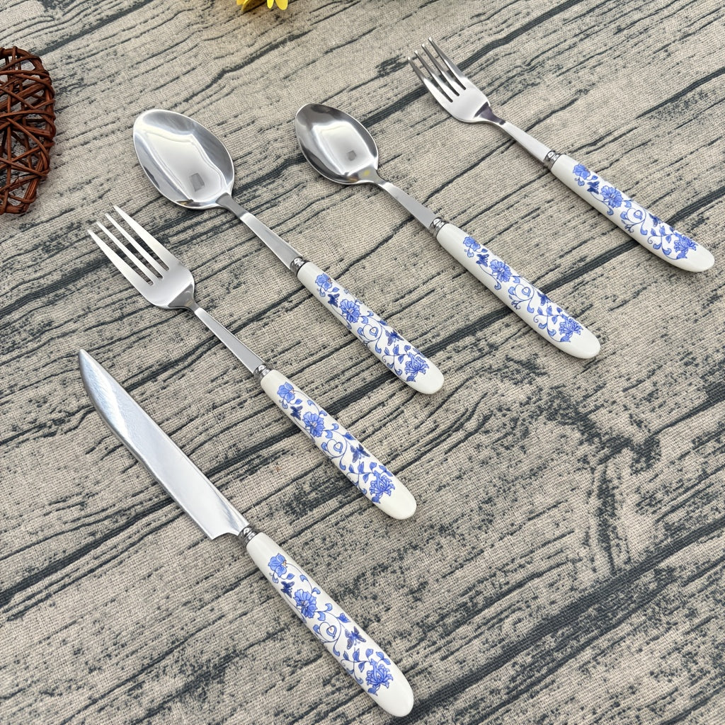 5/25pcs And Ceramic-Handle Stainless Steel Tableware | Includes Dinner, Fork, Spoon, And Dessert Spoon, Ideal For Home, Kitchen, And Restaurant Use
