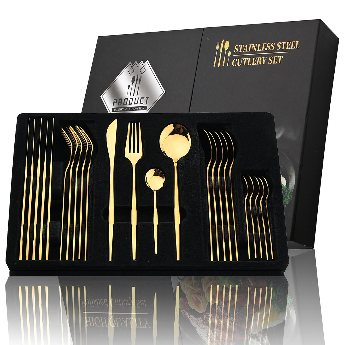 24pcs Black And Golden Elegant Stainless Steel Tableware Set, Including Forks, Knives, Spoons, Service Spoons And Service Forks - Perfect for Holiday Gifts Or High-end Kitchen Decoration, Holiday Tableware with Elegant Design