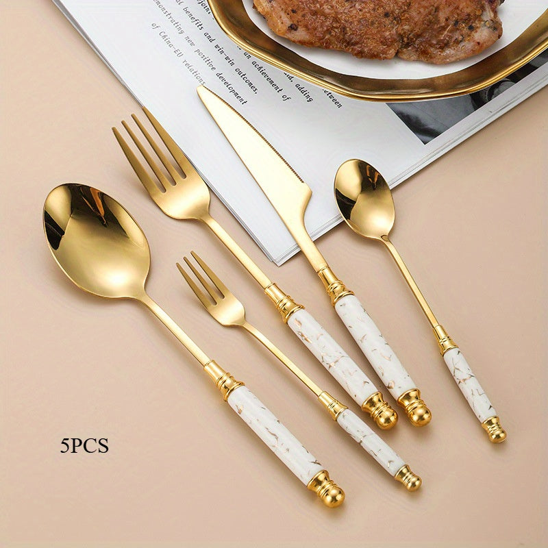 Stylish Stainless Steel Cutlery with a Marble Design, Featuring Vintage Ceramic Handles, Perfect for Upscale Western Meals, Desserts, And Tea Service