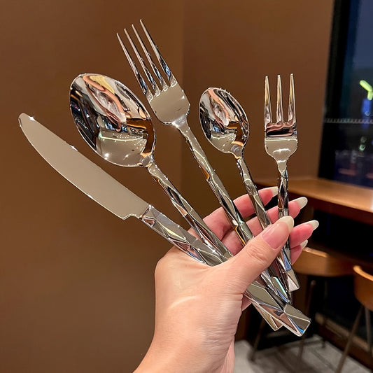 20/40pcs Luxurious Stainless Steel Dinnerware Set | Diamond-Cut Pattern, Elegant Tableware for Kitchen, Home, Weddings, Parties, Christmas, and Housewarming, Polished Mirror End, Dishwasher Safe