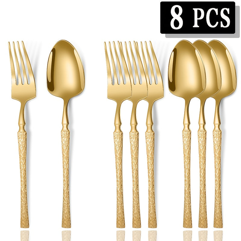 4/8pcs Premium Vertical Stripe Handle Stainless Steel Cutlery Set, Western Dining Utensils, Fork and Spoon Combo, Suitable for Home Kitchen, Hotel Restaurant, Wedding Party, Holidays, Christmas, Easter, Thanksgiving