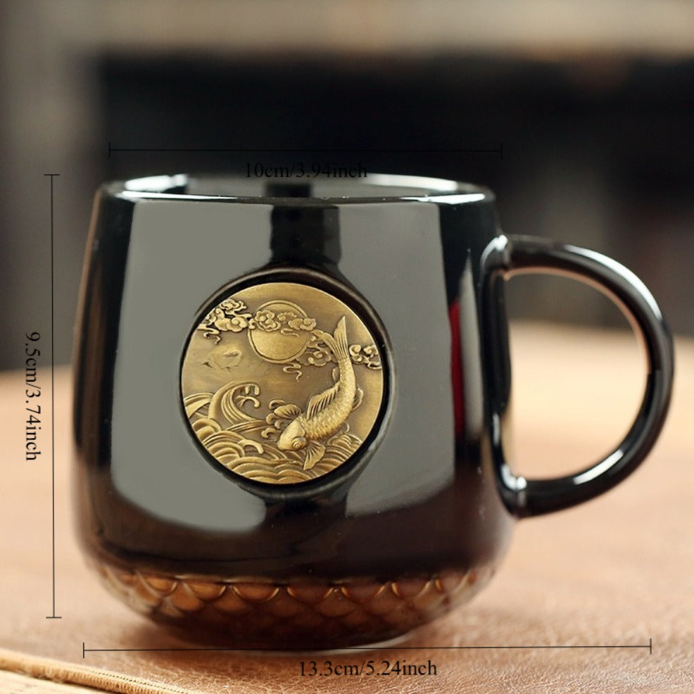 Premium Fish Scale Ceramic Mug & Bronze Coffee Cup - University-Themed Graduation Gift Suitable for Students, Elegant Fish Scale Texture & Bronze Coffee Cup, Creative Artisan Present for Her or Him, Ceramic and Bronze Cup