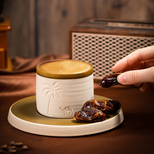 1pc YUMIPLUS Hand-Carved Desert Camel & Arabic Stoneware Coffee Cup - Ceramic Espresso, Tea, and Hot Beverage Vessel Suitable for Latte, Cappuccino, Cocoa - Middle Eastern