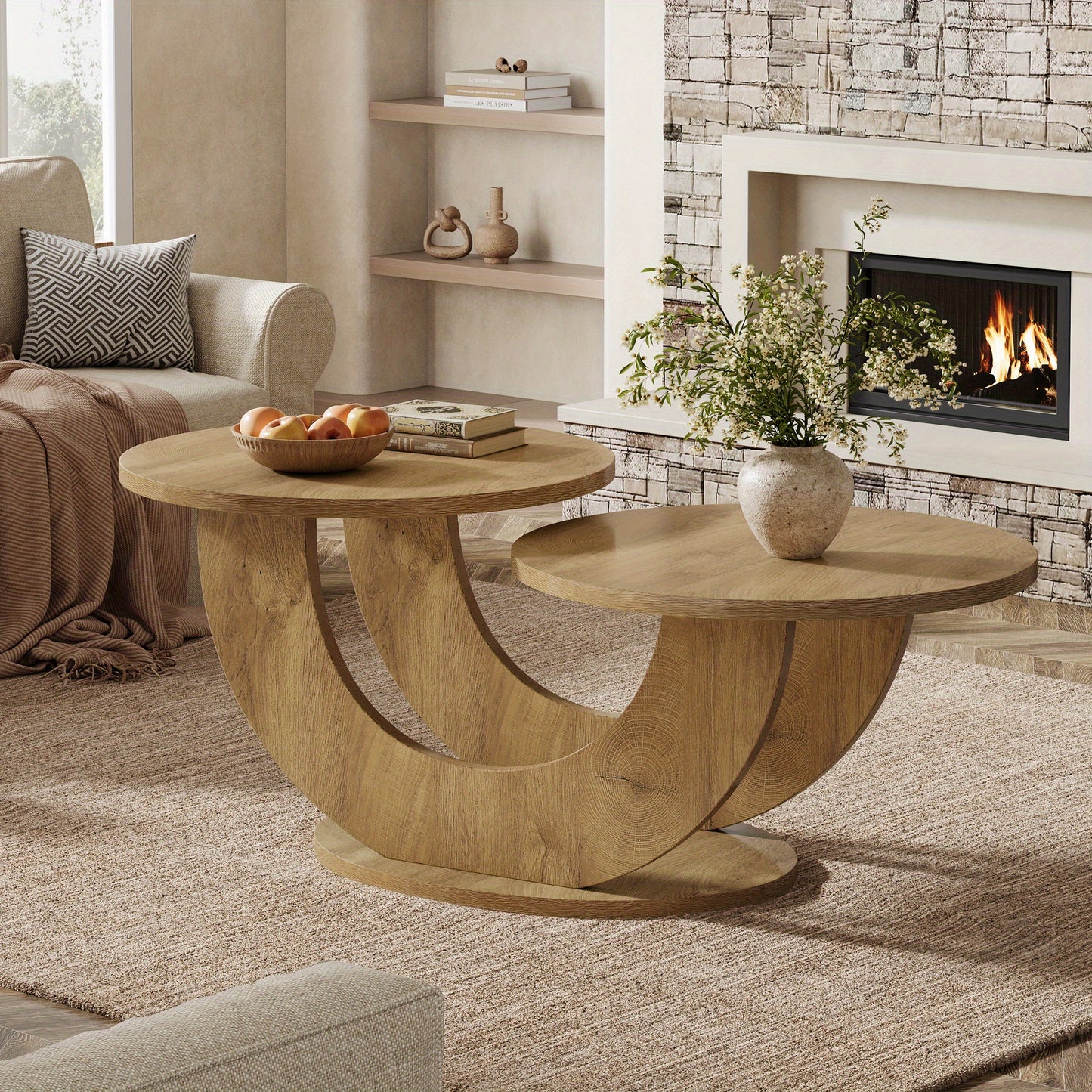 2-Tier Round Farmhouse Coffee Table – Natural Wood Accent Center Table