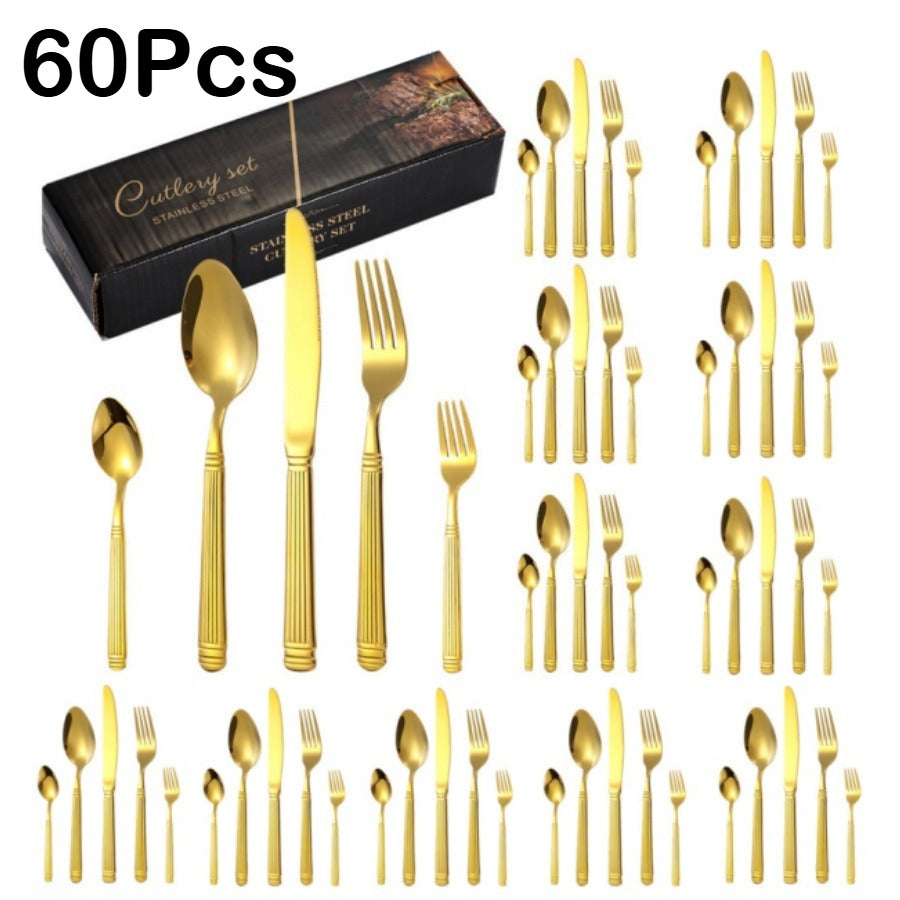 60/40/20pcs, Luxurious Striped Roman Column Stainless Steel Knife, Fork and Spoon Set, Kitchen Stainless Steel Tableware Set, Mirror-polished Finish, Suitable for Use in Households, Restaurants, Hotels and Parties, Can Be Was