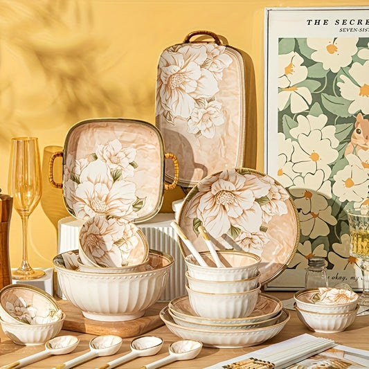 Camellia Pattern Ceramic Dinnerware Set – Light Luxury Tableware (16 / 33 / 43 Pieces)
