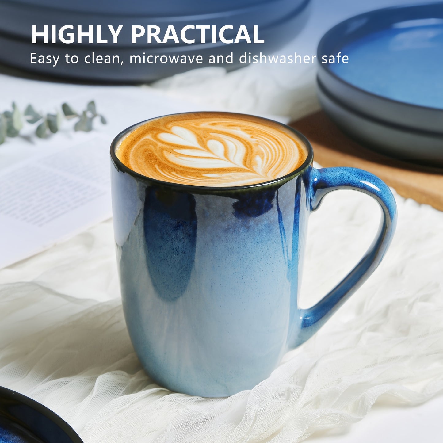 Blue Striped Reactive Glaze Dinnerware Set (16-Piece Ceramic Stoneware)
