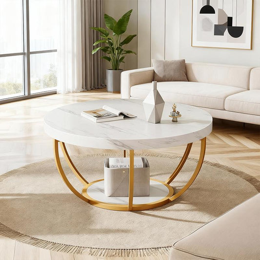 Round Coffee Table with Storage Shelf – Gold Metal Frame & Double-Layer Design