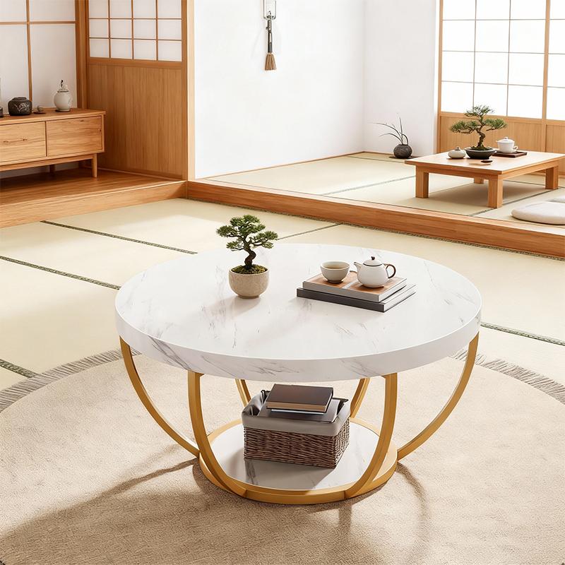 Round Coffee Table with Storage Shelf – Gold Metal Frame & Double-Layer Design