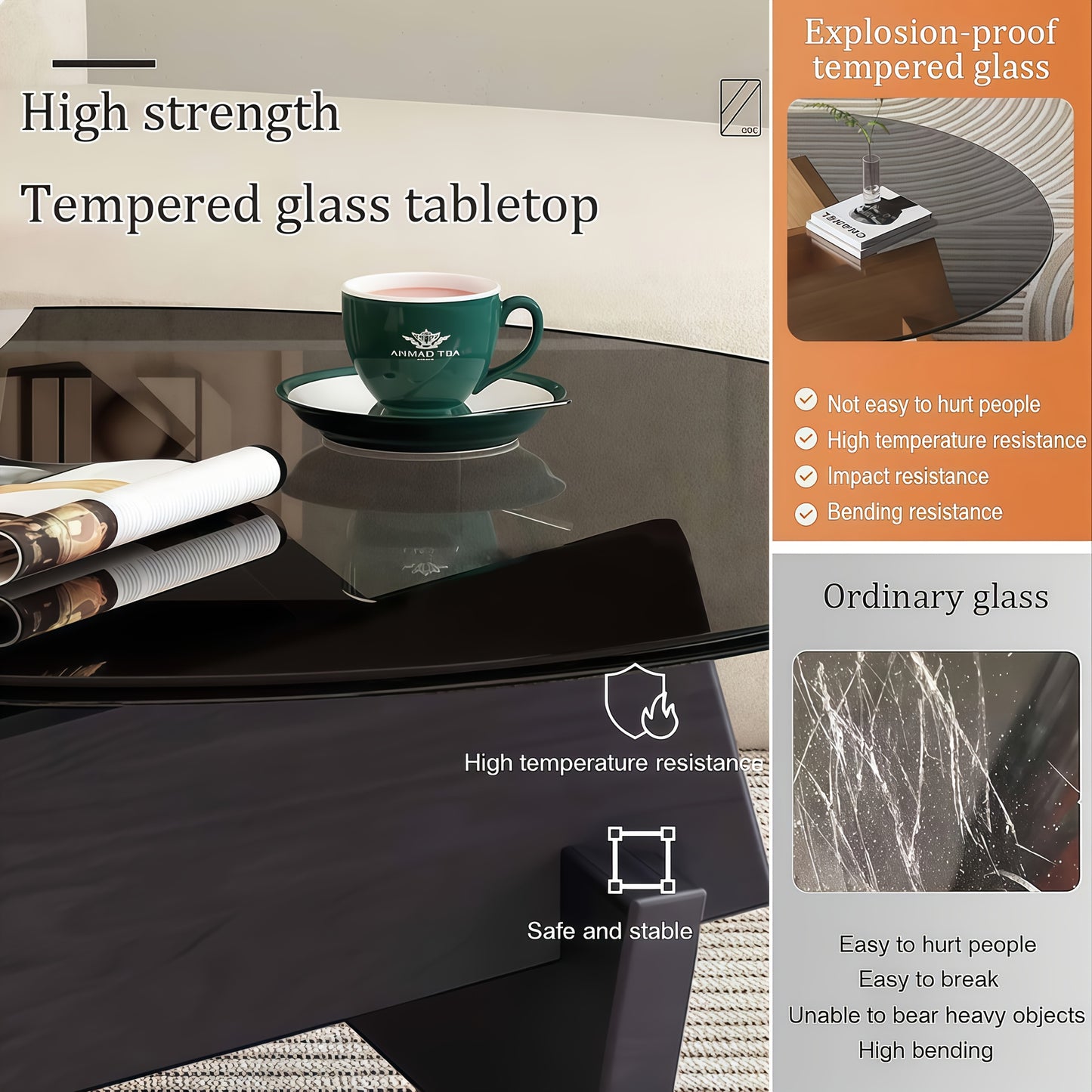 Modern Glass Top Coffee Table – Walnut Frame Center Table