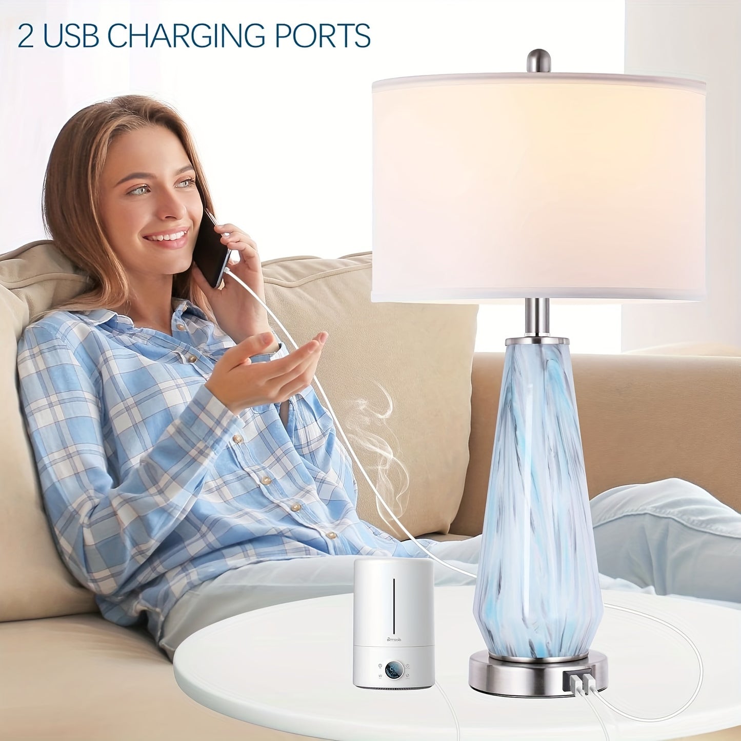 Modern Table Lamp Set of 2 Touch Control, 27" Tall Faded Swirl Blue Gray Art Glass Bedside Lamp with USB Ports, 3-Way Dimmable Hand Crafted Nightstand Lamps White Drum Shade for Living Room, Bedroom