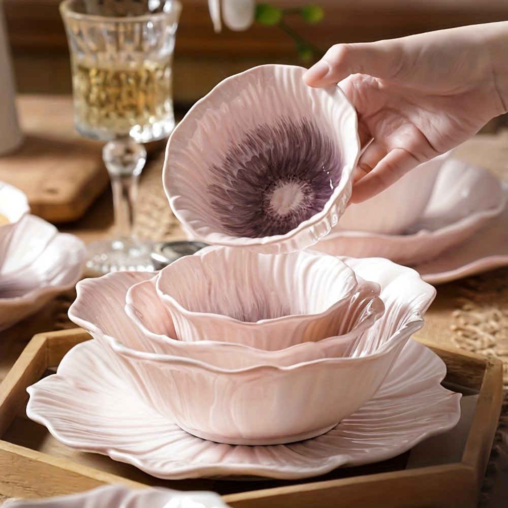 Purple Petal-Shaped Ceramic Tableware Set – Decorative Floral-Inspired Design