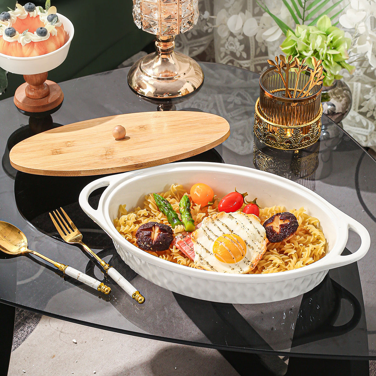 Ceramic Baking & Serving Set (1 Set) – Oven-to-Table Cooking Dish with Heat-Insulated Holder