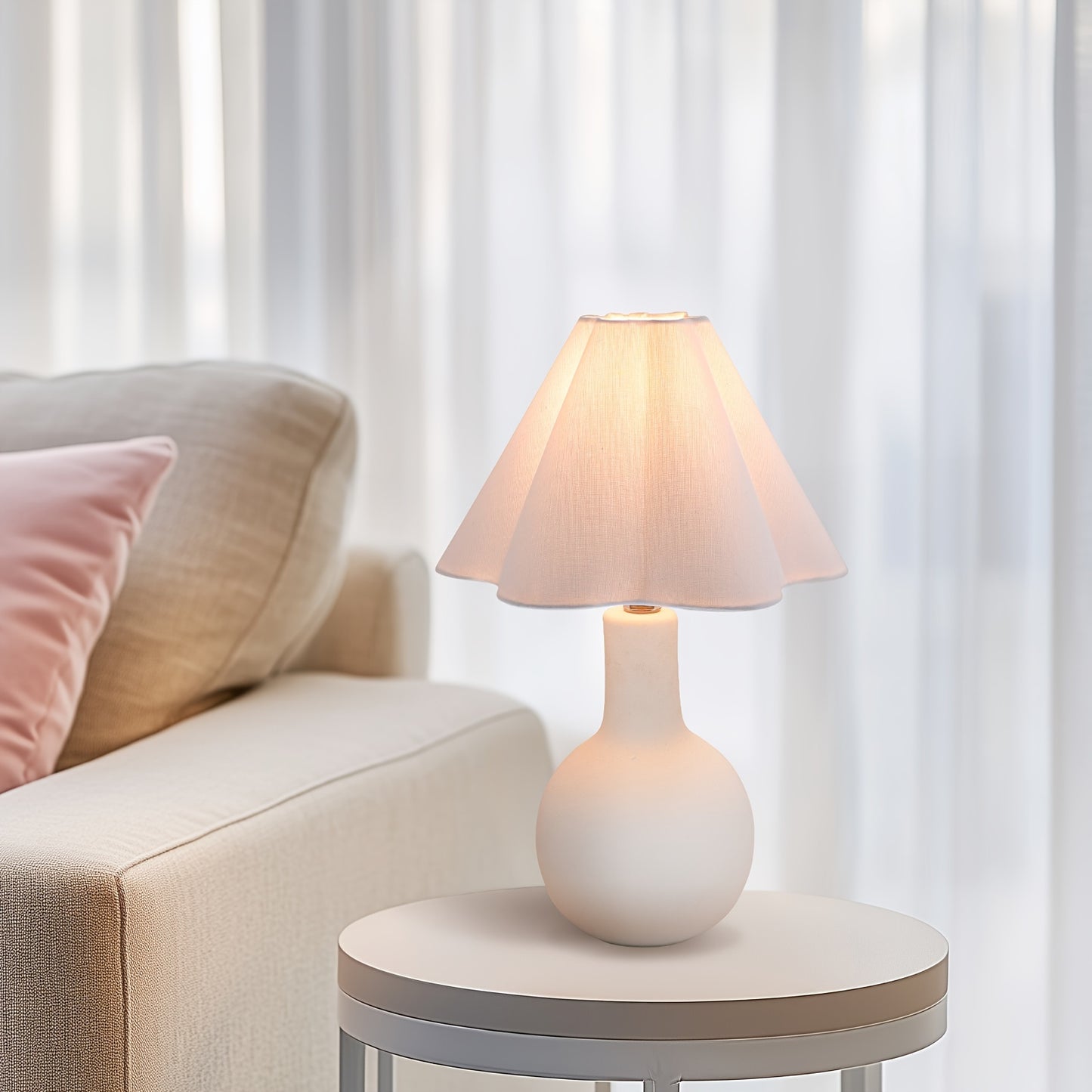 16" Minimalist Ceramic Small Table Lamp, Playful White Wavy Linen Shade, E12 Socket, Handcrafted Accent Lamps for Living Room End Tables, Girl Bedroom Bedside, Dining Room, Kitchen (Bulb Not Included)