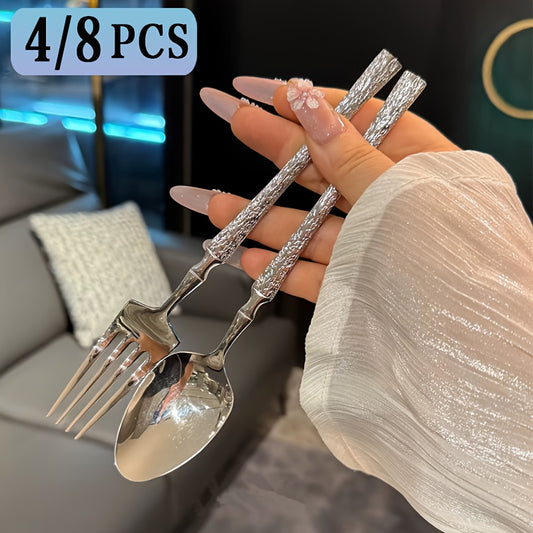 4/8pcs Premium Vertical Stripe Handle Stainless Steel Cutlery Set, Western Dining Utensils, Fork and Spoon Combo, Suitable for Home Kitchen, Hotel Restaurant, Wedding Party, Holidays, Christmas, Easter, Thanksgiving