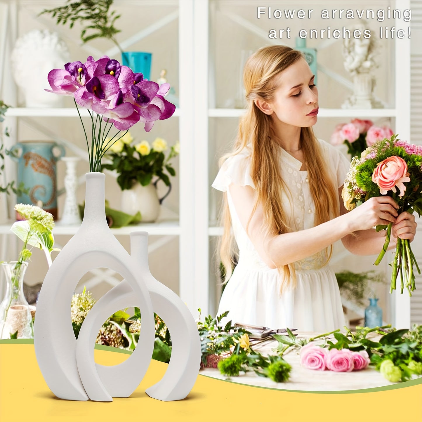 2pcs/set Ceramic Hollow Vase, Round Modern Donut Boho Aesthetic Vases for Nordic Minimalist Book Style Shelf Decor, Trendy Home Living Room Entryway Coffee Table Decorative