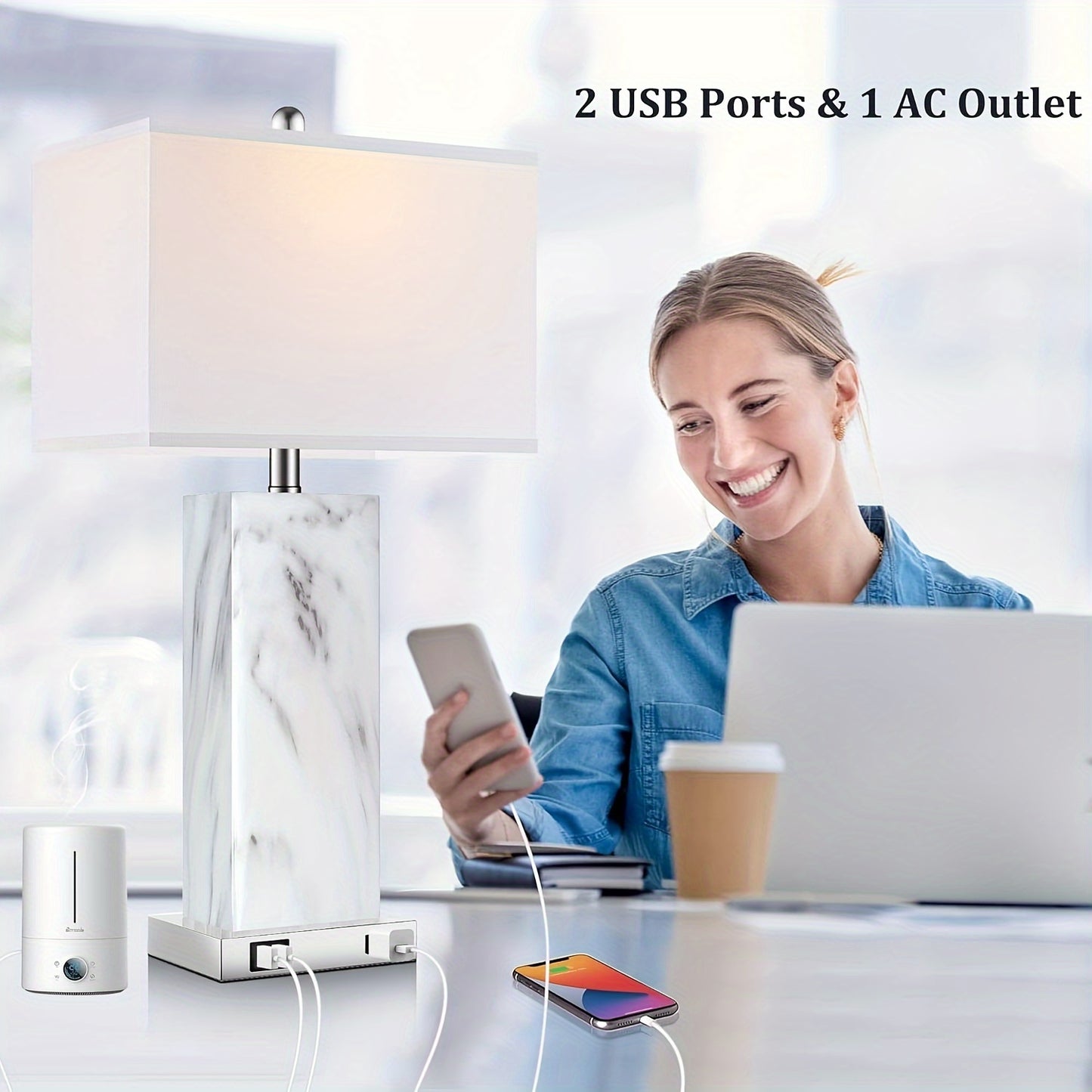 Touch Control Table Lamps Set of 2, Modern Ceramic Bedside Lamp with 2 USB Ports 1 AC Outlet, 3-Way Dimmable White Nightstand Lamp with Fabric Shade for Living Room, Bedroom (LED Bulbs Included)