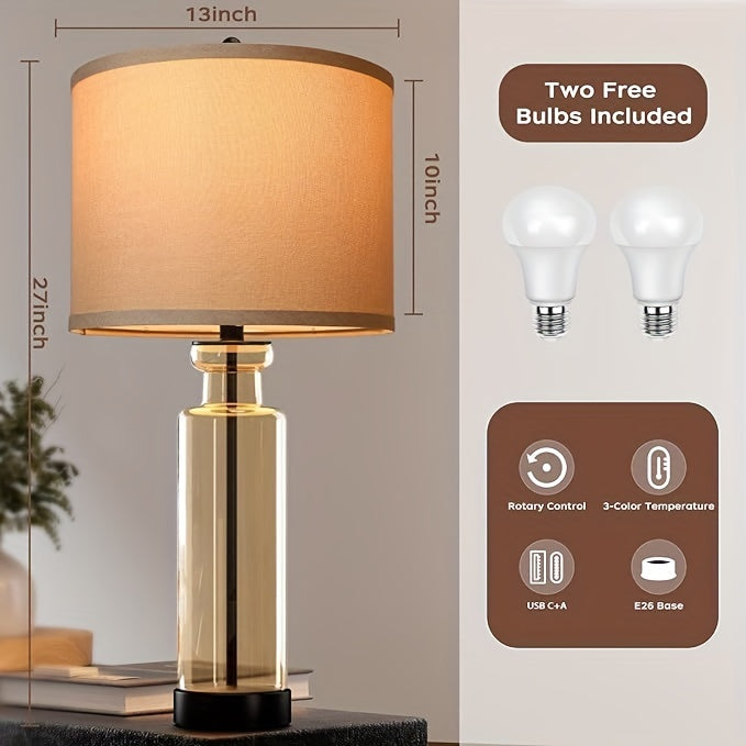 Set of 2 WIHTU Modern Glass Table Lamps - 27'' Brown Farmhouse Lamp with Linen Shade, 3 Color Temperature, USB C & A Ports, Bulbs Included, Perfect for Living Room and Bedside Nightstands