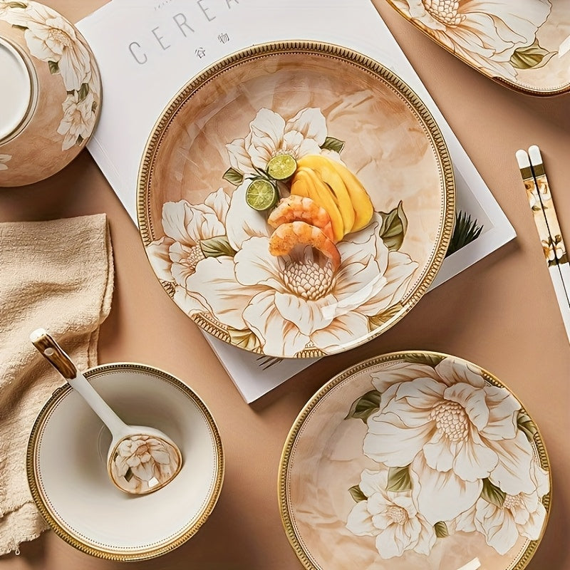 Camellia Pattern Ceramic Dinnerware Set – Light Luxury Tableware (16 / 33 / 43 Pieces)