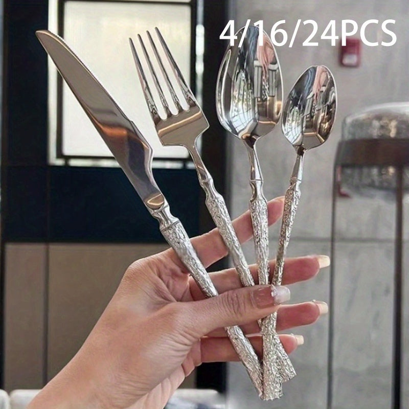 4/16/24pcs Set - Essential silvery Stainless Steel Cutlery Set with Tree-Patterned Handles, High-Quality Knives, Forks, And Spoons, Suitable for Weddings, Hotels, Restaurants, And Festive Occasions