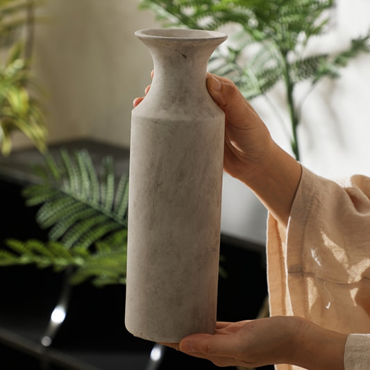 1pc Ceramic Rustic Farmhouse Vase | Decorative Cylinder Flower Vase, Height 26.5CM, Solid Geometric Pattern, Suitable for Home Decoration, Table Settings, Living Room Decor, Shelf Embellishments
