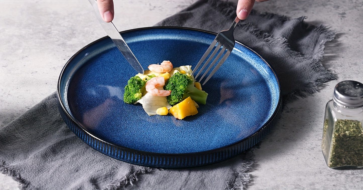 Ribbed Stoneware Dinnerware Set (12-Piece) – Plates & Bowls for 4, Microwave Safe