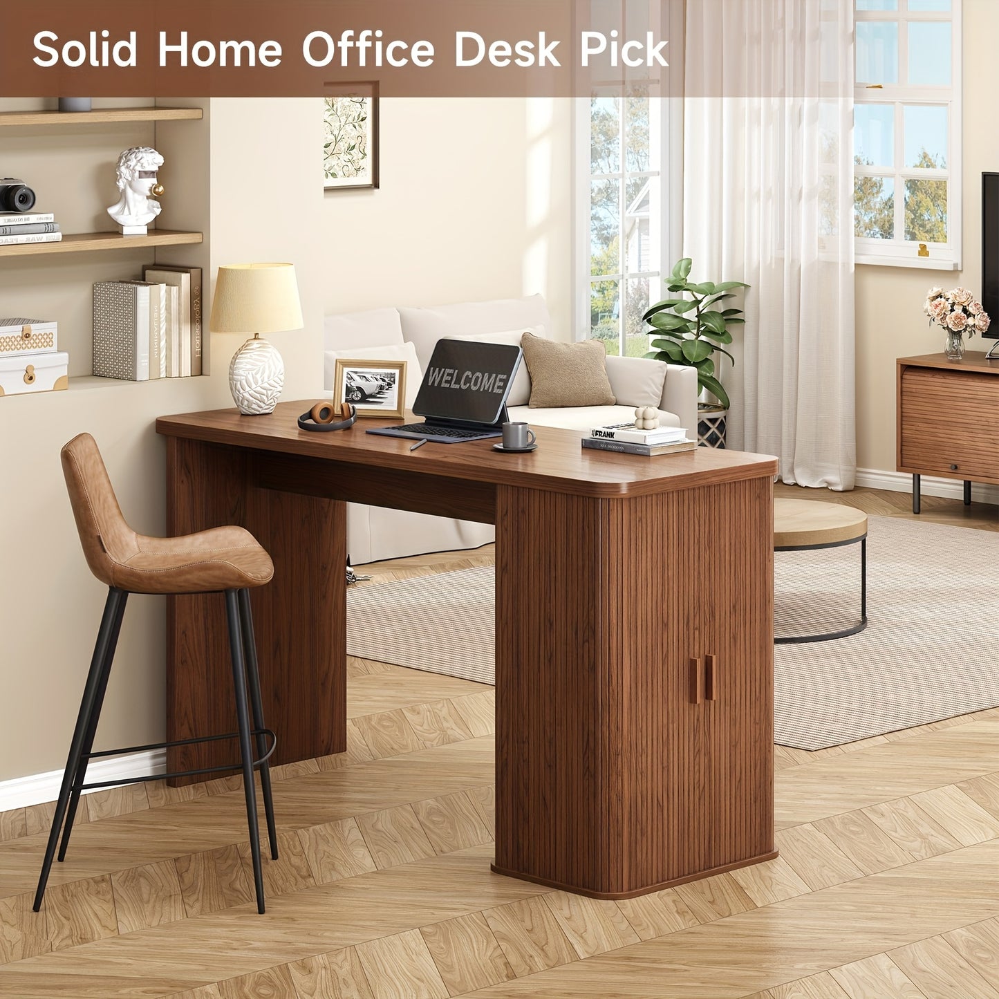 59” Kitchen Island with Storage & Sliding Door – Walnut Bar & Prep Table