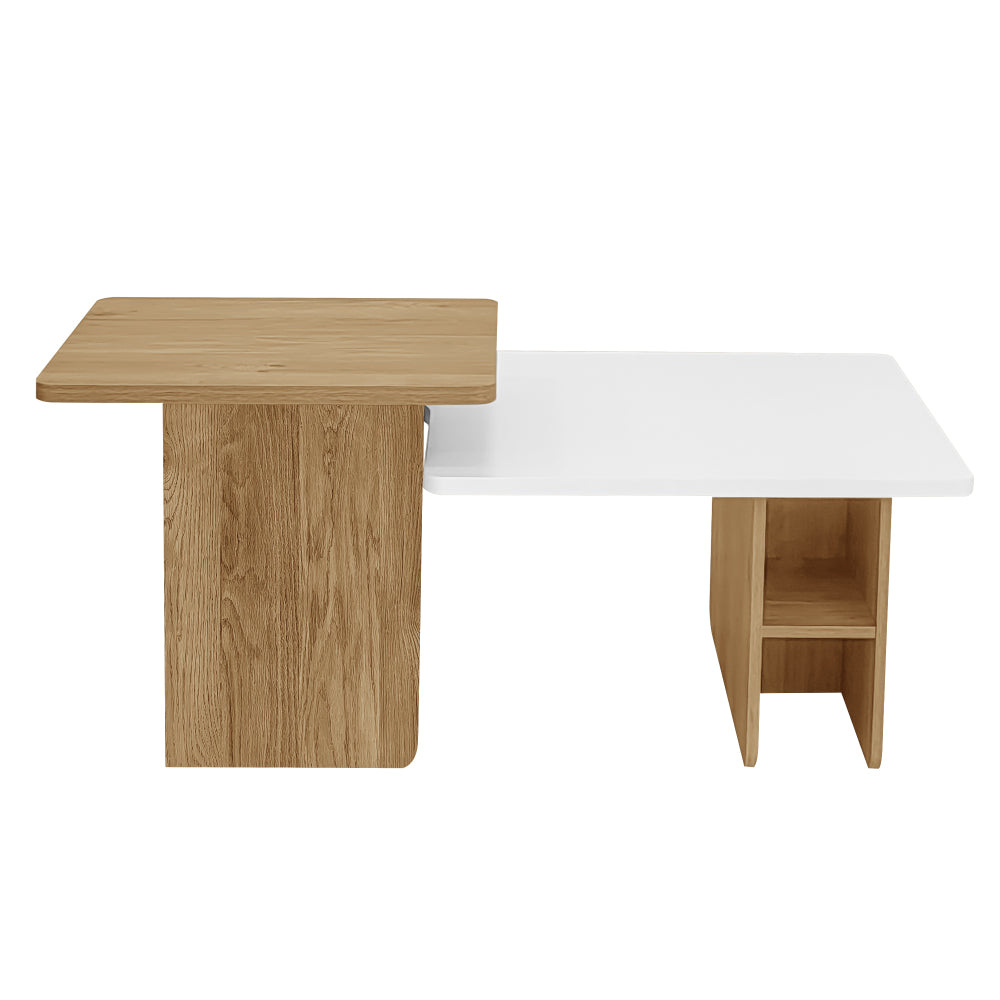 Nesting Coffee Table Set of 2 – White Beige Wood-Grain Round Tables