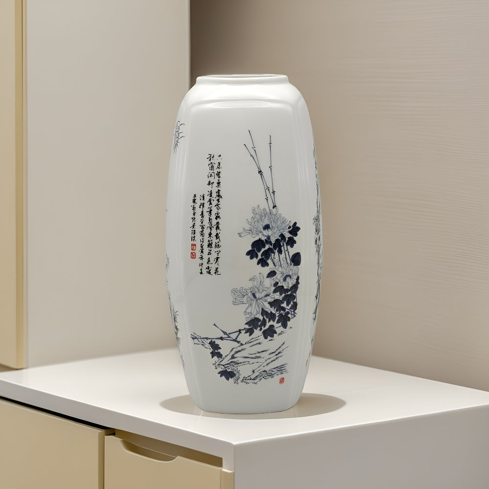 Modern Vase, 12.6inch Ceramic Vase for Home Decor, Flowers, Hydroponic Plants, Wedding, Centerpiece, St Patrick's Day, Easter, Spring Decor, Designer Recommended.Square Ceramic Vase Decorated with the "Four Gentlemen"(Plum, O