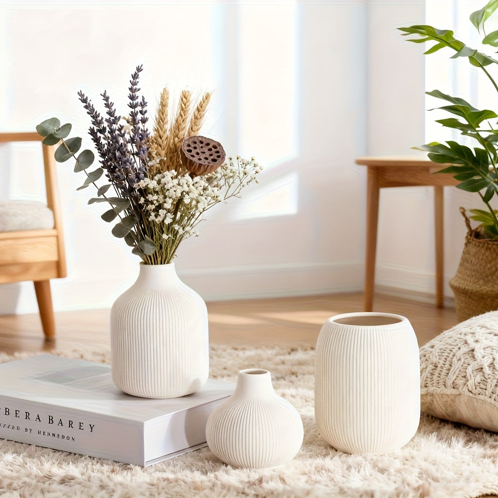 [Ceramic Vase Set] Ceramic Vase Simple European Style White Striped Unglazed Dry Flower Vase Home Decor Craft Ornament Vase Set