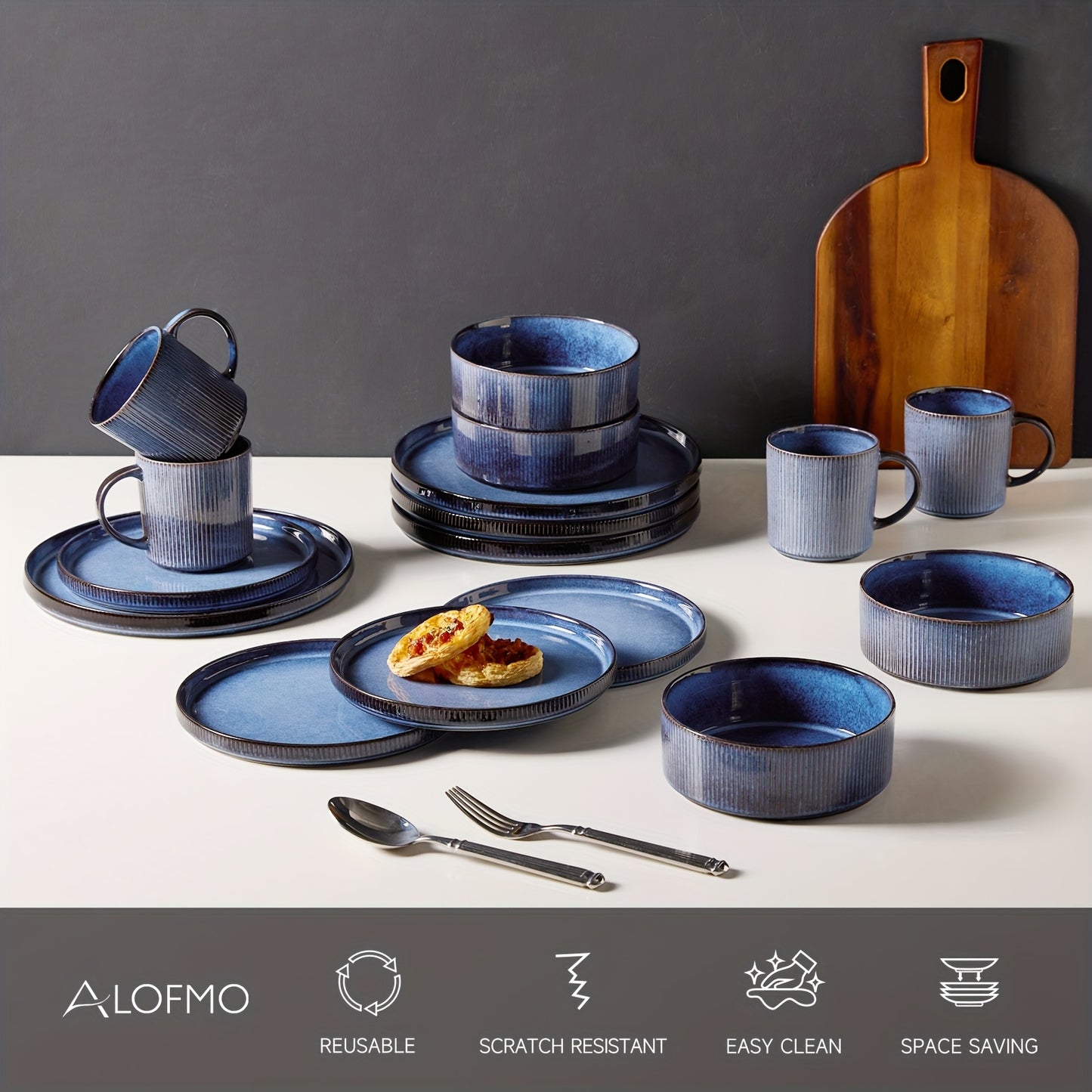 Blue Striped Reactive Glaze Dinnerware Set (16-Piece) – Ceramic Tableware for 4