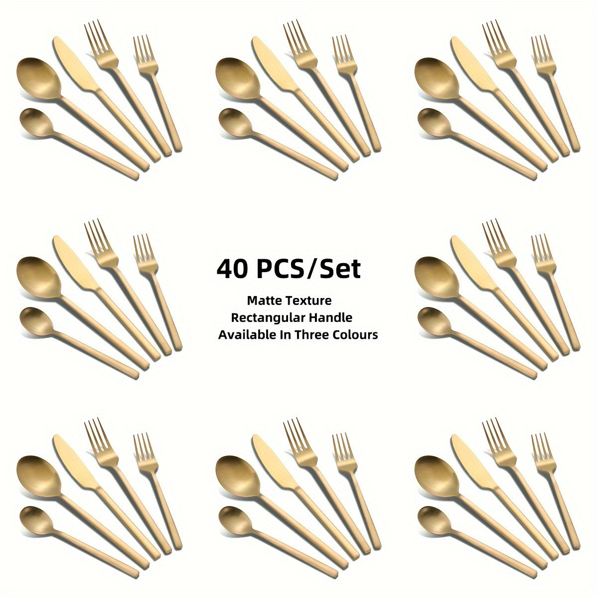 Set of 40 Matte Golden Cutlery, Including Flatware Made of Matte Stainless Steel with Rectangular Handles, Suitable for Weddings, Home, Hotels, Daily Restaurant Events, And Housewarming Gifts, Serving 8 People