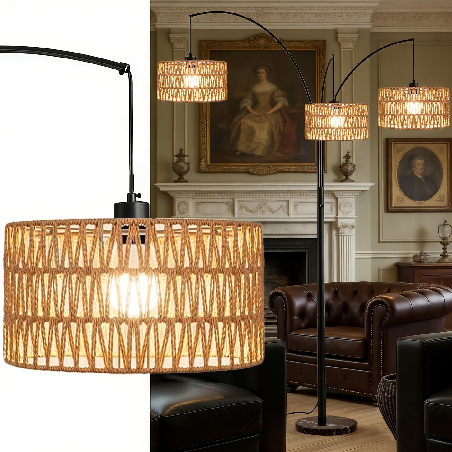 Arc Floor Lamps Designed for Living Spaces, Featuring a Farmhouse Boho Style with a Marble Base, Suitable for Bedrooms And Offices. This Tall, Dimmable Lamp Comes with Rattan Lampshades, Perfect for Reading, And Is Available