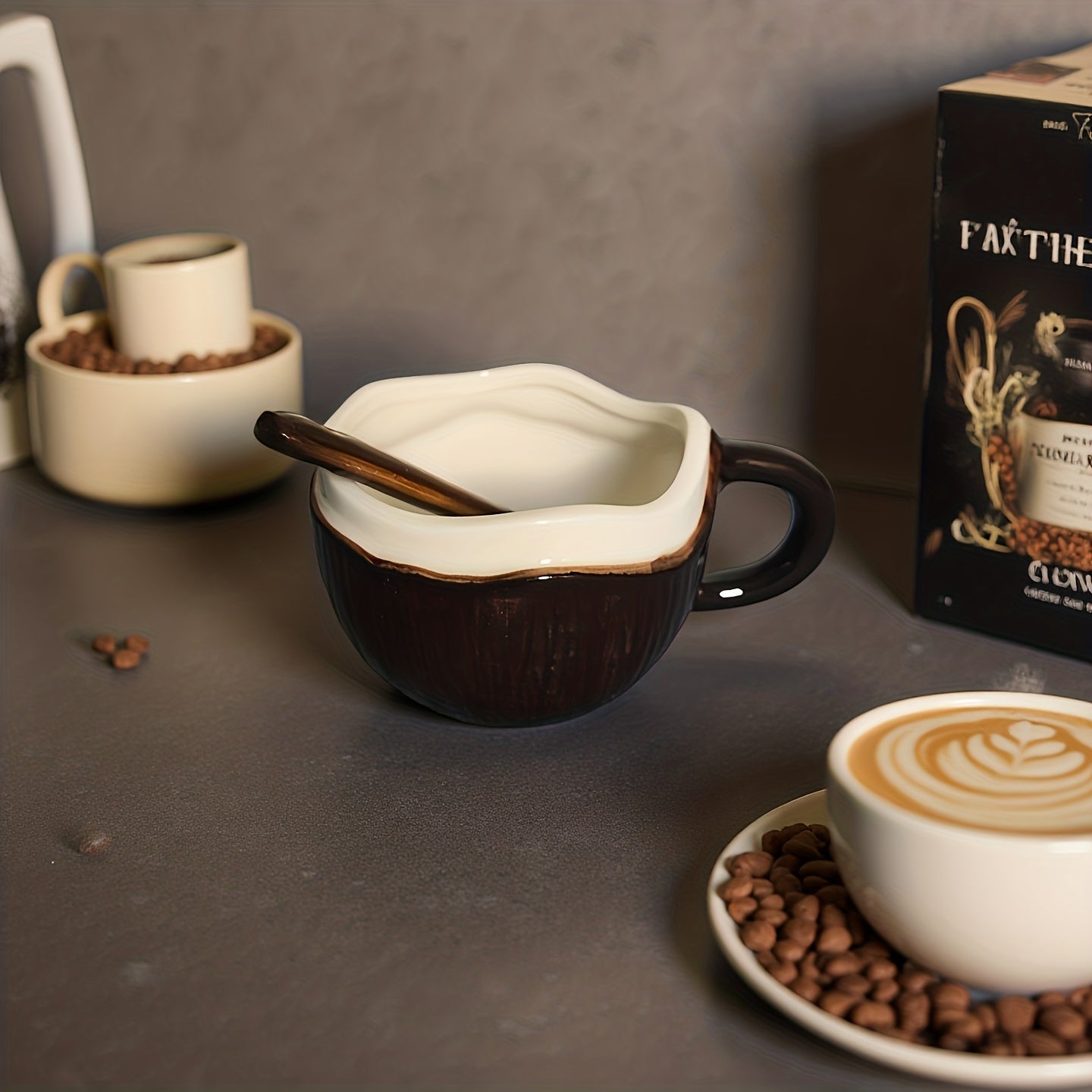 A Ceramic Coffee Mug Designed Like a Coconut Shell, Complete with a Spoon. This Novelty Tropical Mug Is Perfect for Afternoon Tea, Yogurt, And Fruit. It Is Safe for Both The Dishwasher And Microwave