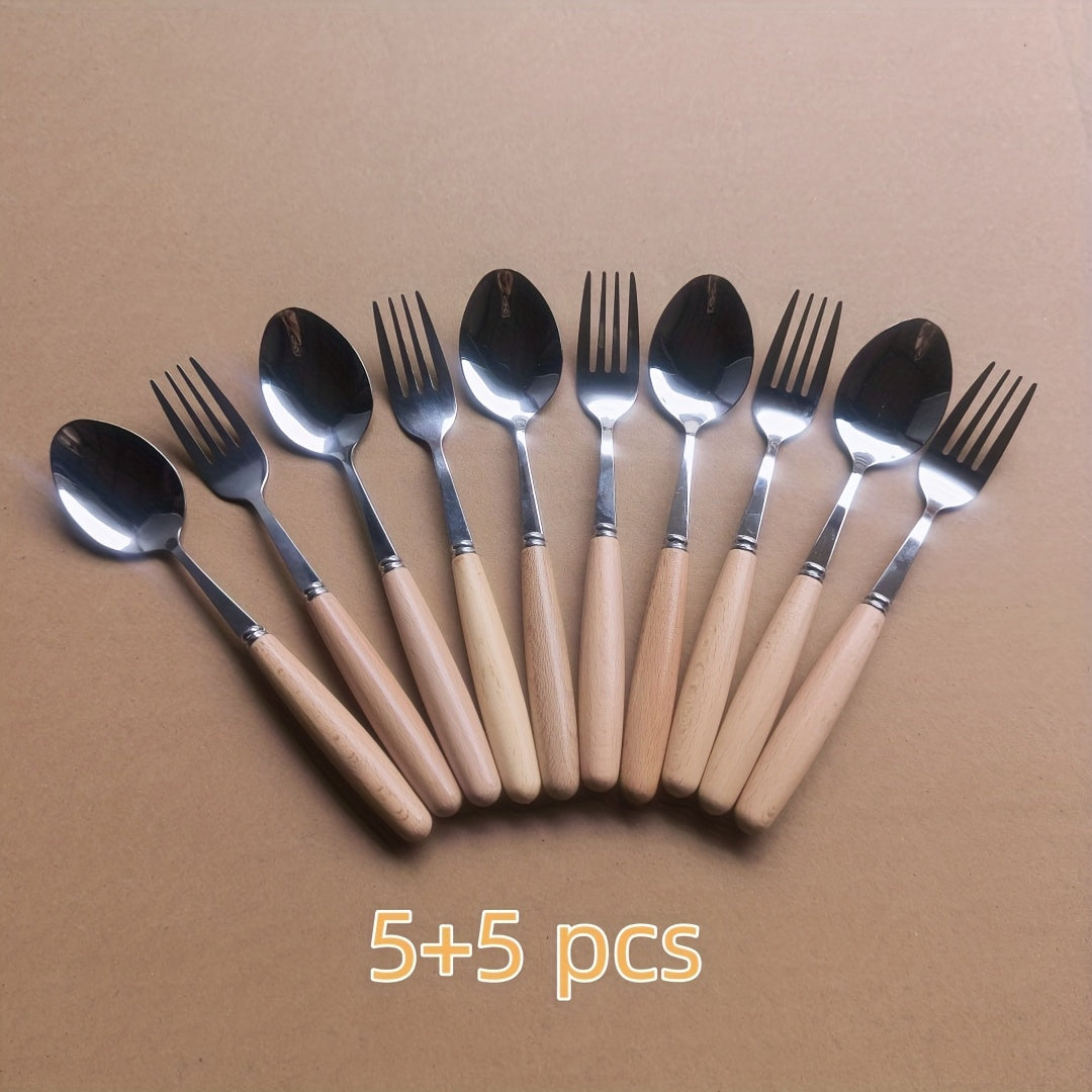 6pcs/10pcs Elegant Beech Wood Handle Stainless Steel Flatware Set with Ergonomic Grip for Home, Travel, Office, Formal and Everyday Dining, Includes Spoons and Forks, Suitable for Picnics and Parties, Easy to Clean, Essential