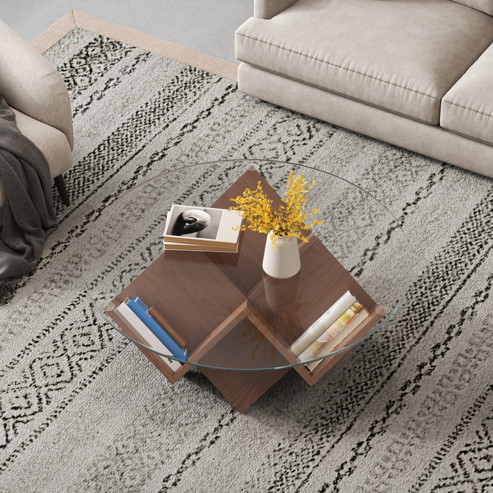 Modern Round Coffee Table with Glass Top & Walnut Base – Storage Shelf