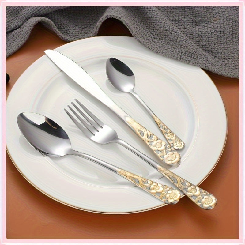 24pcs Stainless Steel Cutlery Set with Patterned Handles in a Gift Box