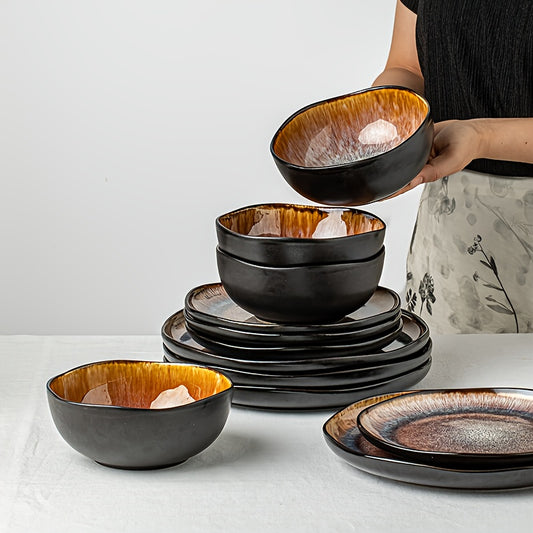 Brown Flame Glaze Ceramic Dinnerware Set (12-Piece) – Modern Plates & Bowls for 4