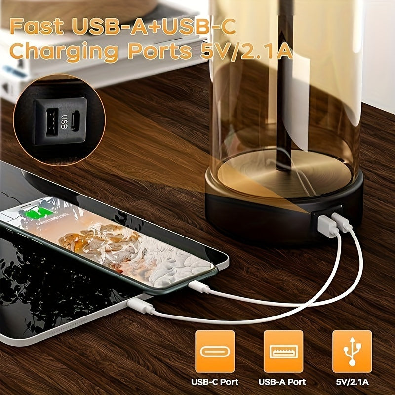 Set of 2 WIHTU Modern Glass Table Lamps - 27'' Brown Farmhouse Lamp with Linen Shade, 3 Color Temperature, USB C & A Ports, Bulbs Included, Perfect for Living Room and Bedside Nightstands